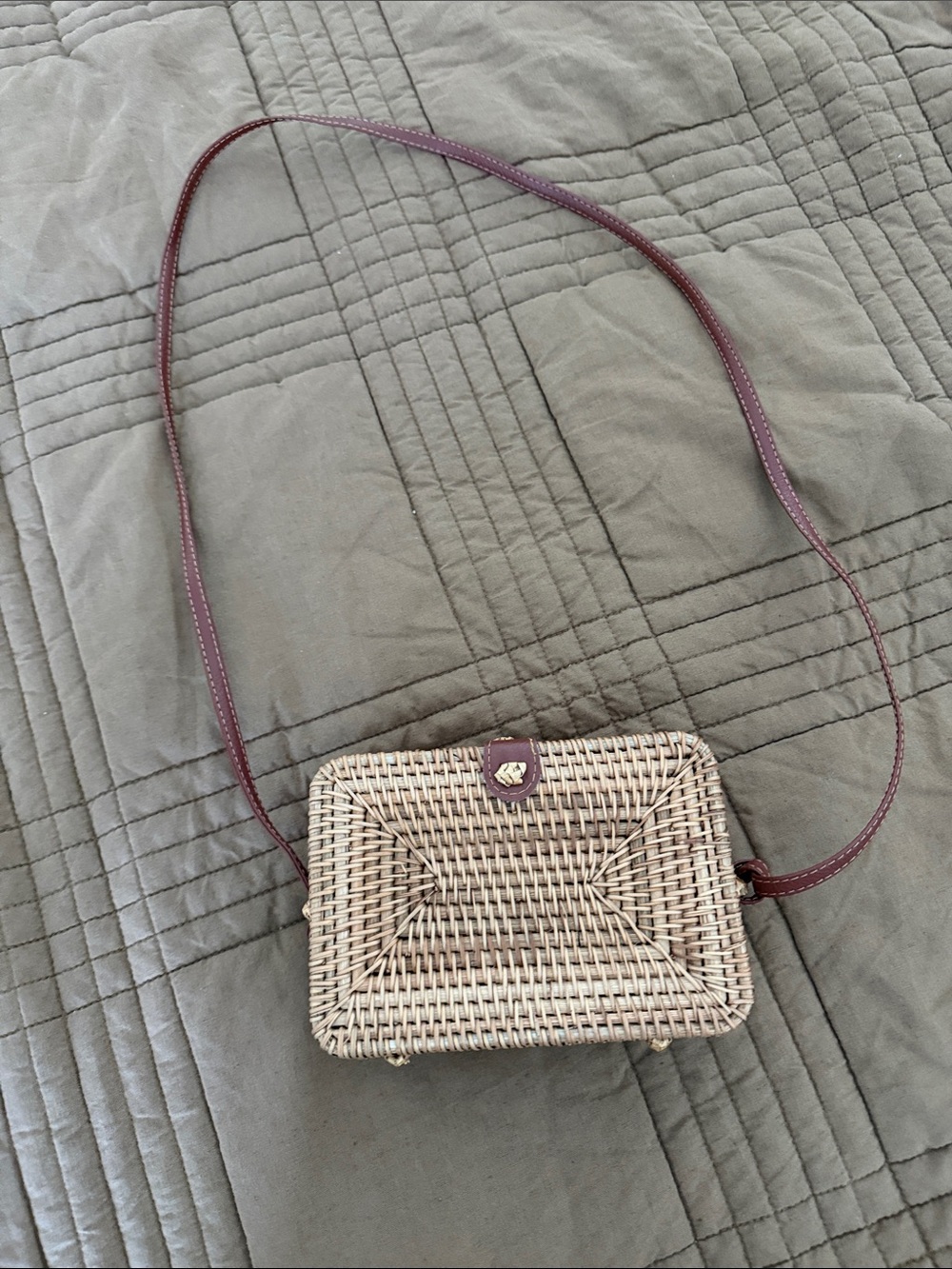 Woven Rattan Straw Crossbody Bag Purse Burgundy Strap Boho Summer